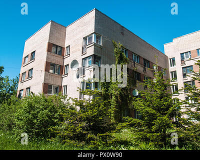 A five-storey house of light brick against a blue sky with lush blooming greenery near the basement in St. Petersburg in Tsarskoye Selo Stock Photo