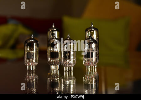 Tubes for guitar amplifier ECC83 - 12AX7 and EL84 type. Vacuum electron tubes closeup. Stock Photo