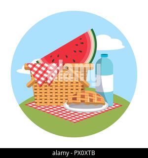 basket with watermelon and water bottle in the tablecloth Stock Vector