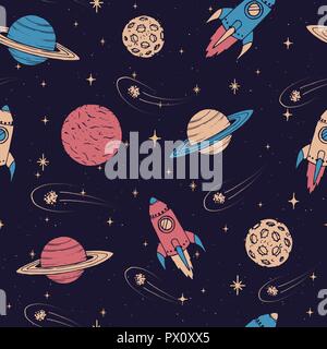 Hand drawn seamless pattern with Jupiter, Mars, Saturn, Neptune planets, moon and flying rockets on the starry background. Vector space ornament doodl Stock Vector