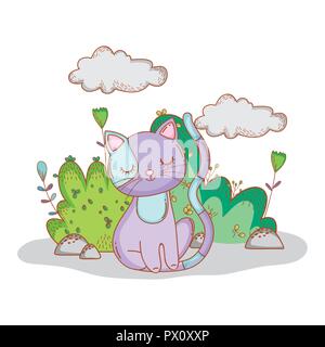 cute cat with bushes leaves and flowers Stock Vector