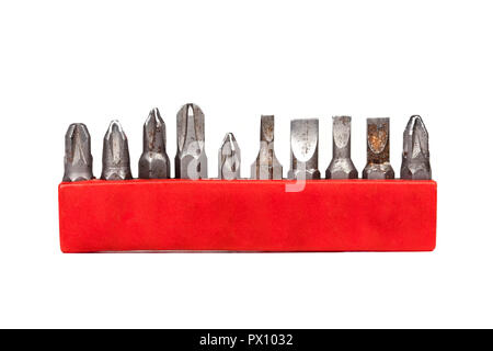 Drill bit holder collection in a red case isolated on white background, closeup, frontal view Stock Photo