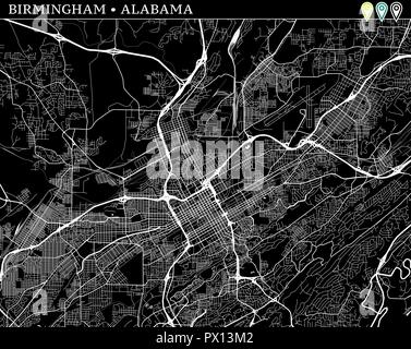 Simple map of Birmingham, Alabama, USA. Black and white version for backgrounds. This map of Birmingham contains three markers who are grouped and can Stock Vector