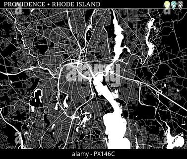 Simple map of Providence, Rhode Island, USA. Black and white version for backgrounds. This map of Providence contains three markers who are grouped an Stock Vector