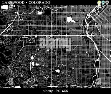 Simple map of Lakewood, Colorado, USA. Black and white version for backgrounds. This map of Lakewood contains three markers who are grouped and can be Stock Vector