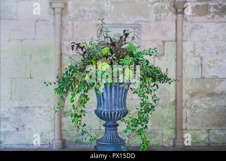 Stone vase planter with fustian green flowers and cascading green ivy and leaves. Grey cobble stones. Gorgeous design in front of medevial wall with c Stock Photo