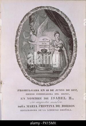 ALEGORIA DE LA CONSTITUCION DE 1837 - ISABEL II NIÑA SOSTIENE LA CONSTITUCION DE 1834 - GRABADO SIGLO XIX. Location: SENADO-BIBLIOTECA-COLECCION. MADRID. SPAIN. Stock Photo