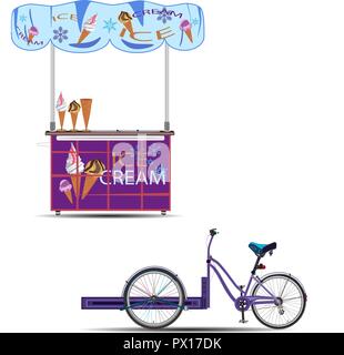 Vector illustration of tricycles ice cream bike and sales stand isolated on white background. Mobile ice cream cart in flat style. Stock Vector