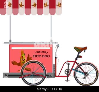 Hot dog bike vector flat illustration. Hot dog cart for street vending with cartoon sausage showing thumb up. Stock Vector