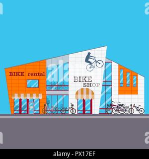 Vector illustration of bike rental and bike shop facade. Flat style design. Stock Vector