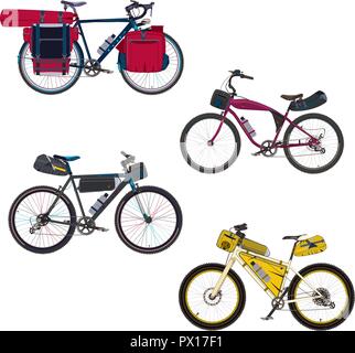Vector set of bikepacking bikes with saddlebag, frame bag, handlebar bag and tent. Road gravel, hybrid, touring and mountain bicycles with bikepacking Stock Vector