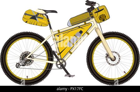Vector illustration of bikepacking bicycle with saddlebag, frame and handlebar bags. Mountain bike with bikepacking gear. Flat style design element. Stock Vector
