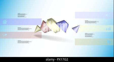 3D illustration infographic template. The two spiked cone is divided to five color parts. Object is askew arranged on blue / white background. Color b Stock Vector