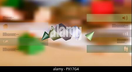 3D illustration infographic template. The two spiked cone is divided to five color parts. Object is askew arranged on blurred photo background. Color  Stock Vector