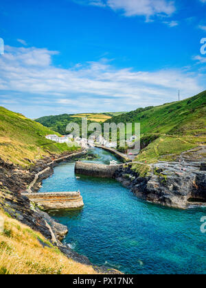 2 July 2018: Boscastle, Cornwall, UK - The harbour of the fishing village of Boscastle on a summer evening. Stock Photo