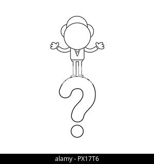 Vector illustration concept of businessman character standing on question mark. Black outline. Stock Vector