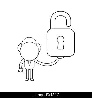 Vector illustration concept of businessman character holding opened padlock. Black outline. Stock Vector