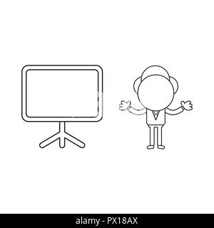 Vector illustration concept of businessman character with blank presentation chart. Black outline. Stock Vector