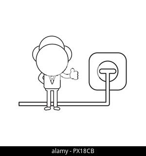 Vector illustration concept of businessman character giving thumbs-up with plug plugged into outlet. Black outline. Stock Vector