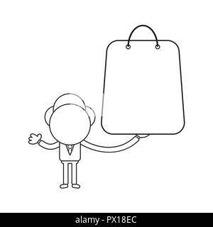 Vector illustration concept of businessman character holding shopping bag. Black outline. Stock Vector