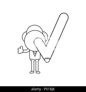Vector illustration concept of businessman character holding check mark and giving thumbs-up. Black outline. Stock Vector