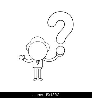 Vector illustration concept of businessman character holding question mark. Black outline. Stock Vector