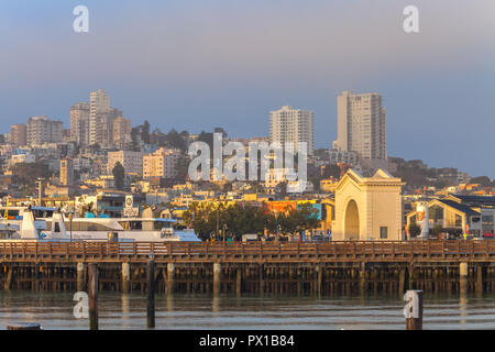 View of the San Francisco City at Russian Hill from Pier 39,California, United States, at sunrise. Stock Photo