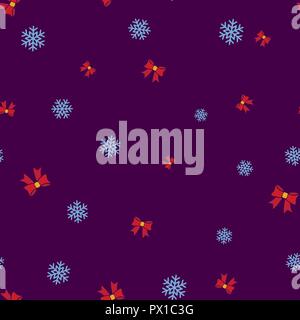 Red bows and snowflake seamless pattern. Purple background. Vector illustration. Stock Vector