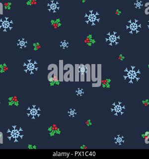 Christmas mistletoe and snowflake seamless pattern. Dark blue background. Vector illustration. Stock Vector