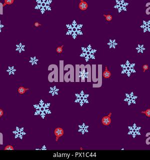Red balls for decorating a Christmas tree and snowflake seamless pattern. Purple background. Vector illustration. Stock Vector