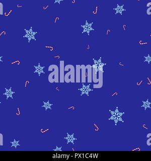 Christmas candy cane and snowflake seamless pattern. Blue background. Vector illustration. Stock Vector