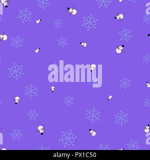 Snowmen and snowflake seamless pattern. Purple background. Vector illustration. Stock Vector