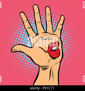 kiss lips mouth emotion, hi five hand gesture Stock Vector