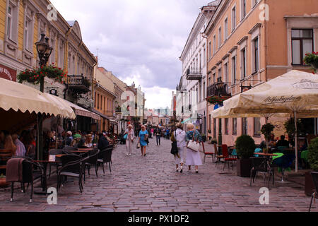 Laisves aleja, the main pedestrian street in Kaunas (Kovno), Lithuania and the longest in Europe at 1.6 kilometers Stock Photo