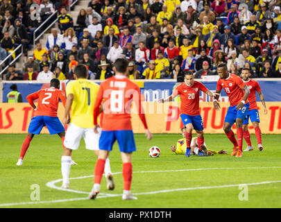 Harrison, NJ - October 16, 2018: Players of both teams fighting for ball during the friendly soccer game between Costa Rica & Colombia at Red Bull Arena Colombia won 3 - 1 Stock Photo