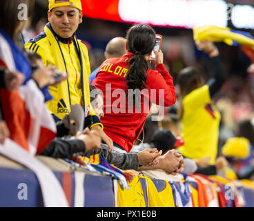 Harrison, NJ - October 16, 2018: Colombian fans celebrate during the friendly soccer game between Costa Rica & Colombia at Red Bull Arena Colombia won 3 - 1 Stock Photo