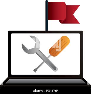 laptop support wrench tool flag vector illustration Stock Vector