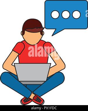 man sitting using laptop speech bubble vector illustration Stock Vector