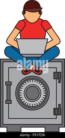 man using mobile on safe box vector illustration Stock Vector