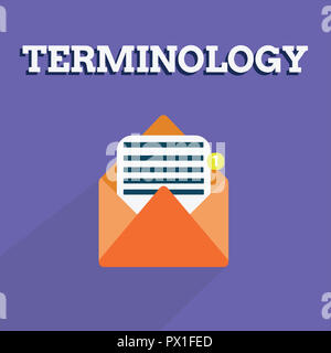 Writing note showing Terminology. Business photo showcasing Terms used with particular technical application in studies. Stock Photo