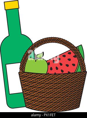wicker basket wine and fruits food picnic vector illustration Stock ...
