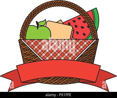 wicker basket fruits cheese food picnic vector illustration Stock Vector