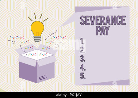 Conceptual hand writing showing Severance Pay. Business photo text Amount paid to an employee on the termination of a contract. Stock Photo