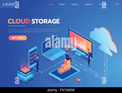 System of technical support. People interacting with the technical cloud storage center. Modern vector illustration isometric style. Stock Vector