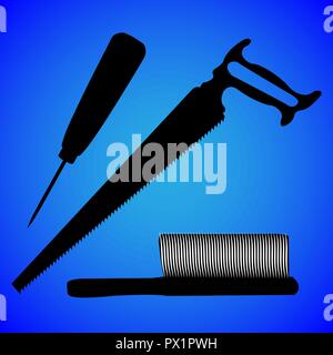 Hacksaw Saw, Silhouette vector illustration, isolated on blue background Stock Vector