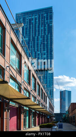 The Beetham Tower and one of the Deansgate Square apartment blocks from Deansgate Mews, Great Northern Warehouse, Manchester, England, UK Stock Photo