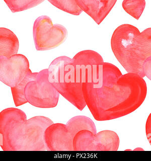 Seamless pattern of red and pink watercolor hearts on white, Valentine day repeat print Stock Photo