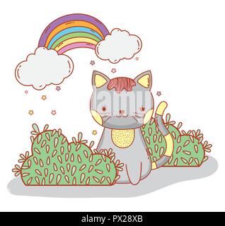 cute cat with bushes and rainbow clouds Stock Vector