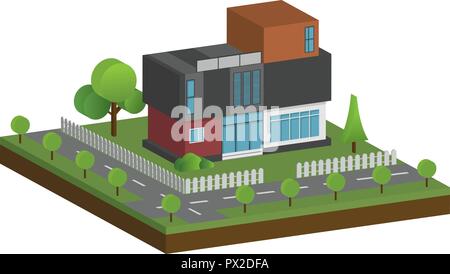 3D modern houses and environment with tree, fence and roads, Isometric of modern building and architecture along with the roads and tree, Flat home ve Stock Vector