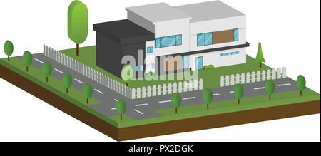 3D modern houses and environment with tree, fence and roads, Isometric of modern building and architecture along with the roads and tree, Flat home ve Stock Vector